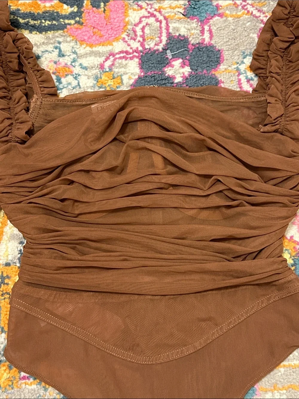 House Of CB Emme Mocha Ruched Chiffon Puff Sleeve Bodysuit Top Size Large